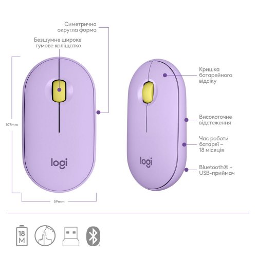 Купити Миша Logitech Pebble M350 Wireless (910-006752) Lavender Lemonade - ціна в Києві, Львові, Вінниці, Хмельницькому, Франківську, Україні | інтернет-магазин TELEMART.UA фото