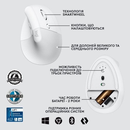 Купить Мышка Logitech Lift Vertical Ergonomic (910-006496) Off-White/Pale Grey - цена в Харькове, Киеве, Днепре, Одессе
в интернет-магазине Telemart фото