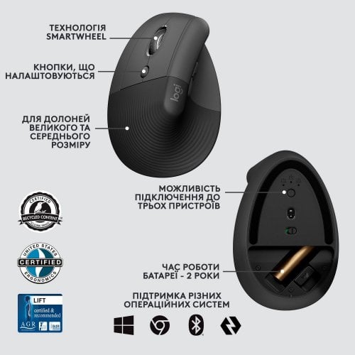 Купить Мышка Logitech Lift Left Vertical Ergonomic (910-006495) Graphite/Black - цена в Харькове, Киеве, Днепре, Одессе
в интернет-магазине Telemart фото