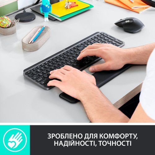 Купить Клавиатура Logitech MX Keys Plus Advanced Wireless Illuminated with Palm Rest (920-009416) Graphite - цена в Харькове, Киеве, Днепре, Одессе
в интернет-магазине Telemart фото
