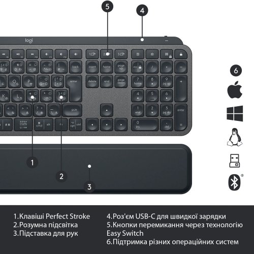 Купить Клавиатура Logitech MX Keys Plus Advanced Wireless Illuminated with Palm Rest (920-009416) Graphite - цена в Харькове, Киеве, Днепре, Одессе
в интернет-магазине Telemart фото