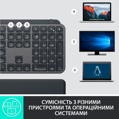 Купить Клавиатура Logitech MX Keys Plus Advanced Wireless Illuminated with Palm Rest (920-009416) Graphite - цена в Харькове, Киеве, Днепре, Одессе
в интернет-магазине Telemart фото