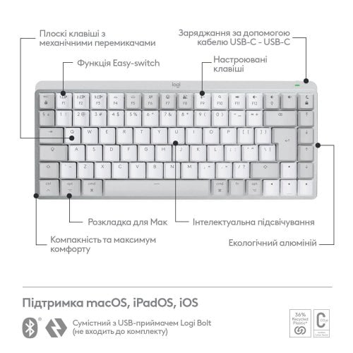 Купить Клавиатура Logitech MX Keys Mini For Mac Wireless Illuminated (920-010799) Pale Gray - цена в Харькове, Киеве, Днепре, Одессе
в интернет-магазине Telemart фото