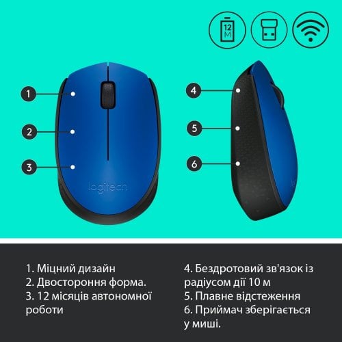 Купити Миша Logitech Wireless Mouse M171 Blue - ціна в Києві, Львові, Вінниці, Хмельницькому, Франківську, Україні | інтернет-магазин TELEMART.UA фото