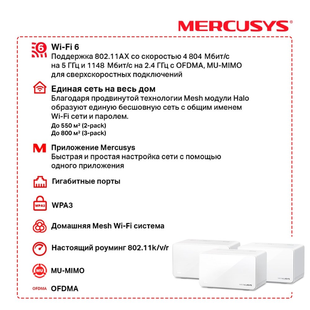 Купить Wi-Fi роутер Mercusys Halo H90X (3-pack) - цена в Харькове, Киеве,  Днепре, Одессе в интернет-магазине Telemart