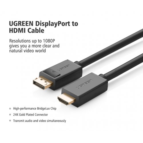 Купити Кабель Ugreen DP101 DP to HDMI M/M 5m (10204) Black - ціна в Києві, Львові, Вінниці, Хмельницькому, Франківську, Україні | інтернет-магазин TELEMART.UA фото