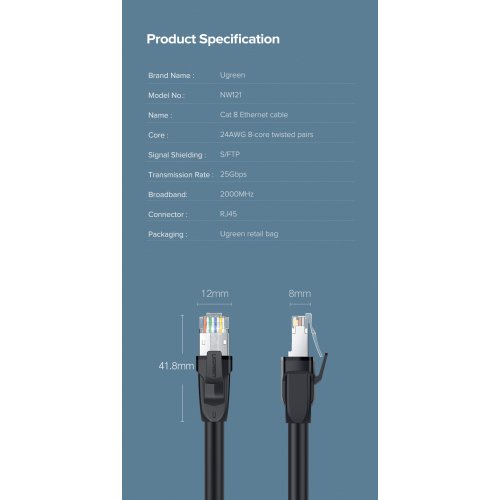 Купить Патч-корд Ugreen NW121 Ethernet Cat8 S/FTP 1m (70327) Black - цена в Харькове, Киеве, Днепре, Одессе
в интернет-магазине Telemart фото