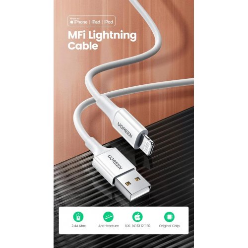 Кабель Ugreen US155 USB to Lightning 2.4A 1.5m (80315) White купити в Україні | Telemart фото