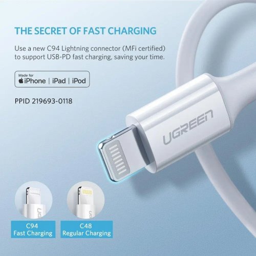 Кабель Ugreen US171 USB Type-C to Lightning 2A (18W) 1m (10493) White купити в Україні: Київ, Львів, Хмельницький, Тернопіль, Івано-Франківськ | Низька ціна, відгуки, характеристики від TELEMART фото