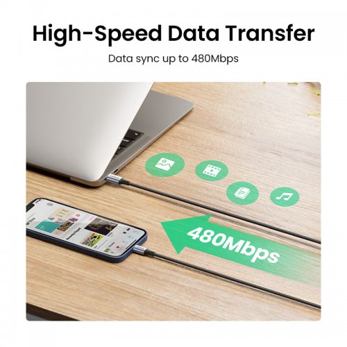 Кабель Ugreen US304 USB 2.0 Type-C to Lightning 3.0A (60W) 1m (70523) Silver купити в Україні: Київ, Львів, Хмельницький, Тернопіль, Івано-Франківськ | Низька ціна, відгуки, характеристики від TELEMART фото
