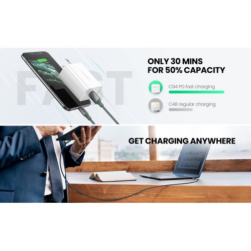 Кабель Ugreen US304 USB 2.0 Type-C to Lightning 3.0A (60W) 1m (80564) Dark Green купить в Украине | Telemart фото