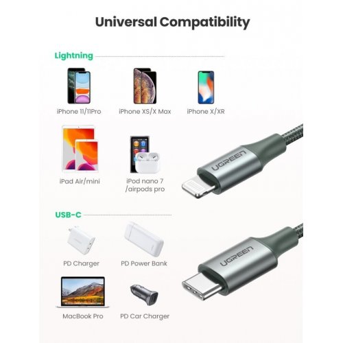 Кабель Ugreen US304 USB 2.0 Type-C to Lightning 3.0A (60W) 1m (80564) Dark Green купить в Украине | Telemart фото