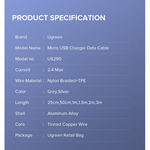 Кабель Ugreen US290 USB 2.0 to microUSB 2.4A 1m (60146) Black купить в Украине | Telemart фото