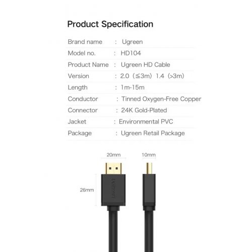 Купить Кабель Ugreen HD104 HDMI to HDMI 2.0 4K 3D 3m (10108) Black - цена в Харькове, Киеве, Днепре, Одессе
в интернет-магазине Telemart фото