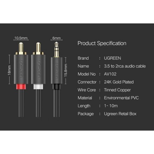 Купити Розгалужувач Ugreen AV102 3.5mm to 2 x RCA 3m (10512) Black - ціна в Києві, Львові, Вінниці, Хмельницькому, Франківську, Україні | інтернет-магазин TELEMART.UA фото