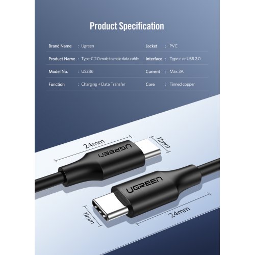 Купить Кабель Ugreen US286 USB 2.0 Type-C to USB Type-C 3.0A (60W) 0.5m (50996) Black - цена в Харькове, Киеве, Днепре, Одессе
в интернет-магазине Telemart фото