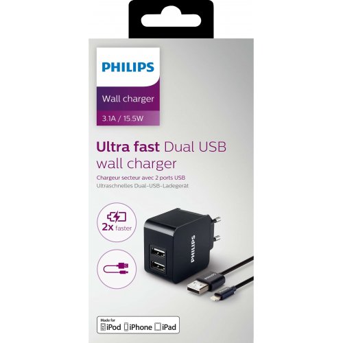 Сетевое зарядное устройство Philips Lightning 2xUSB 3.1А (DLP2307V/12) купить в Украине: Киев, Днепр, Харьков, Одесса  | Низкая цена, отзывы, характеристики от TELEMART фото