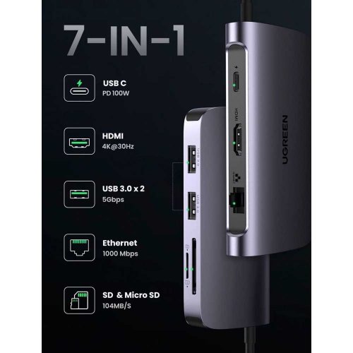 Купити USB-хаб Ugreen CM212 USB Type-C 7 in 1 (50852) Grey - ціна в Києві, Львові, Вінниці, Хмельницькому, Франківську, Україні | інтернет-магазин TELEMART.UA фото