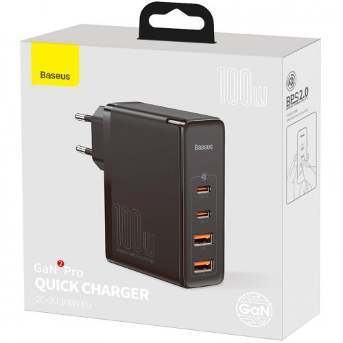 Купити Мережевий зарядний пристрій Baseus GaN2 Pro 2 x USB + 2 x USB Type-C 100W (CCGAN2P-L01) Black - ціна в Києві, Львові, Вінниці, Хмельницькому, Франківську, Україні | інтернет-магазин TELEMART.UA фото