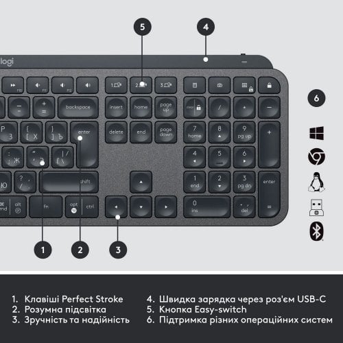 Купити Клавіатура Logitech MX Keys Advanced For Business Wireless Illuminated (920-010251) Graphite - ціна в Києві, Львові, Вінниці, Хмельницькому, Франківську, Україні | інтернет-магазин TELEMART.UA фото