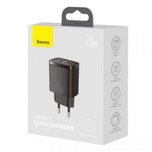 Купити Мережевий зарядний пристрій Baseus Compact Quick Charger USB + USB Type-C 20W (CCXJ-B01) Black - ціна в Києві, Львові, Вінниці, Хмельницькому, Франківську, Україні | інтернет-магазин TELEMART.UA фото