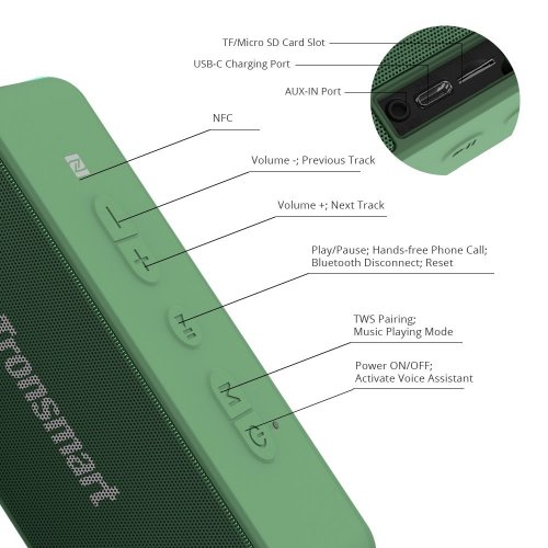 Купить Портативная акустика Tronsmart Element T2 Plus (370729) Green - цена в Харькове, Киеве, Днепре, Одессе
в интернет-магазине Telemart фото