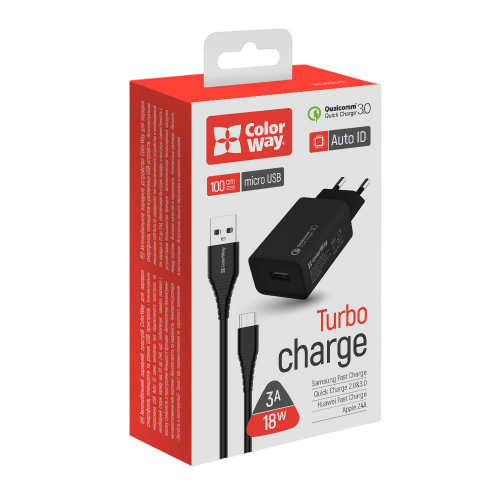 Купити Мережевий зарядний пристрій ColorWay USB 18W + Cable microUSB (CW-CHS013QCM-BK) Black - ціна в Києві, Львові, Вінниці, Хмельницькому, Франківську, Україні | інтернет-магазин TELEMART.UA фото