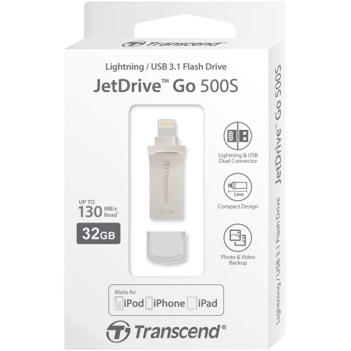 Купити Накопичувач Transcend JetDrive Go 500 32GB Silver USB 3.1/Lightning (TS32GJDG500S) - ціна в Києві, Львові, Вінниці, Хмельницькому, Франківську, Україні | інтернет-магазин TELEMART.UA фото
