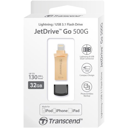 Купити Накопичувач Transcend JetDrive Go 500 32GB Gold USB 3.1/Lightning (TS32GJDG500G) - ціна в Києві, Львові, Вінниці, Хмельницькому, Франківську, Україні | інтернет-магазин TELEMART.UA фото