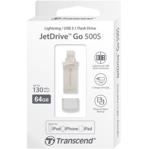 Купить Накопитель Transcend JetDrive Go 500 64GB Silver USB 3.1/Lightning (TS64GJDG500S) - цена в Харькове, Киеве, Днепре, Одессе
в интернет-магазине Telemart фото
