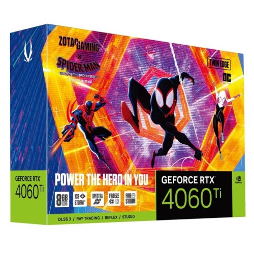 Купить Видеокарта Zotac GeForce RTX 4060 Ti Gaming Twin Edge Spider-Man: Across The Spider-Verse Bundle OC 8192MB (ZT-D40610H-10SMP) с проверкой совместимости: обзор, характеристики, цена в Киеве, Днепре, Одессе, Харькове, Украине | интернет-магазин TELEMART.UA фото