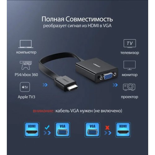 Купить Адаптер Ugreen MM103 HDMI to VGA 0.25m (40248) Black - цена в Харькове, Киеве, Днепре, Одессе
в интернет-магазине Telemart фото