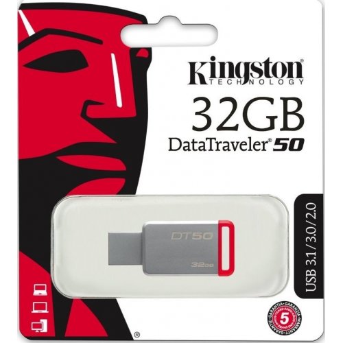 Купить Накопитель Kingston DataTraveler 50 32GB USB 3.1 Red (DT50/32GB) - цена в Харькове, Киеве, Днепре, Одессе
в интернет-магазине Telemart фото