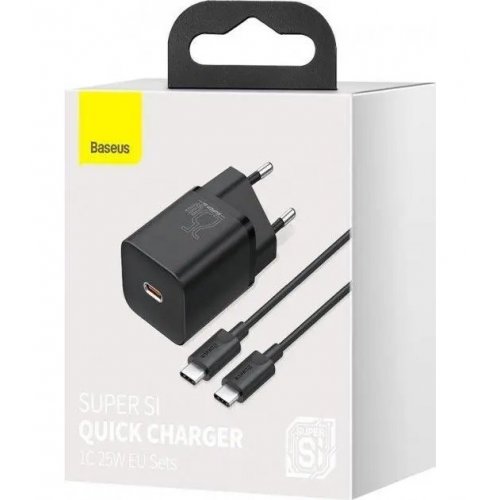 Купити Мережевий зарядний пристрій Baseus Super Silicone PD USB Type C 25W + кабель Type C to Type C 3A (TZCCSUP-L01) Black - ціна в Києві, Львові, Вінниці, Хмельницькому, Франківську, Україні | інтернет-магазин TELEMART.UA фото