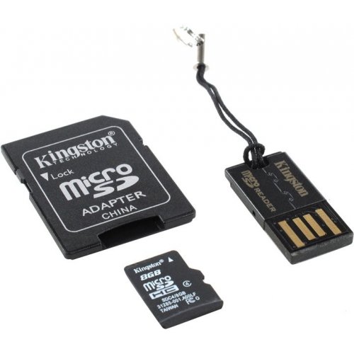 Купити Карта пам'яті Kingston microSDHC 8GB Class 4 (с адаптером и USB-ридером) (MBLY4G2/8GB) - ціна в Києві, Львові, Вінниці, Хмельницькому, Франківську, Україні | інтернет-магазин TELEMART.UA фото