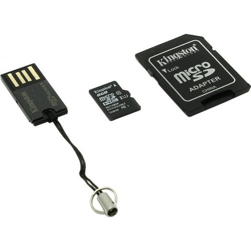 Купити Карта пам'яті Kingston microSDHC 8GB Class 10 (с адаптером и USB-ридером) (MBLY10G2/8GB) - ціна в Києві, Львові, Вінниці, Хмельницькому, Франківську, Україні | інтернет-магазин TELEMART.UA фото