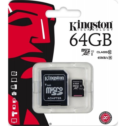 Купить Карта памяти Kingston microSDXC 64GB Class 10 UHS-I (с адаптером) (SDC10G2/64GB) - цена в Харькове, Киеве, Днепре, Одессе
в интернет-магазине Telemart фото