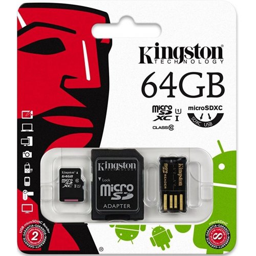 Купити Карта пам'яті Kingston microSDXC 64GB Class 10 (с адаптером и OTG-ридером) (MBLY10G2/64GB) - ціна в Києві, Львові, Вінниці, Хмельницькому, Франківську, Україні | інтернет-магазин TELEMART.UA фото