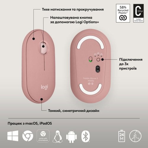 Купить Мышка Logitech Pebble Mouse 2 M350s Wireless (910-007014) Rose - цена в Харькове, Киеве, Днепре, Одессе
в интернет-магазине Telemart фото