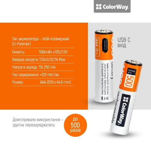 Купить Аккумуляторная батарея ColorWay AAA USB Type-С Li-Pol 590mAh 1.5V 2 шт. (CW-UBAAA-09) - цена в Харькове, Киеве, Днепре, Одессе
в интернет-магазине Telemart фото