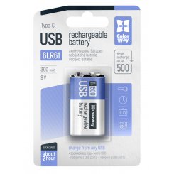 Аккумуляторная батарея ColorWay 6LR61 USB Type-С Li-Pol 390mAh 9V 1 шт. (CW-UB9V-06)