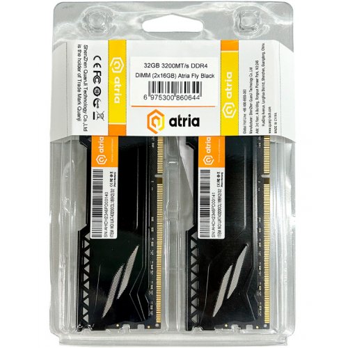 Фото ОЗП ATRIA DDR4 32GB (2x16GB) 3200Mhz Fly Black (UAT43200CL18BK2/32)