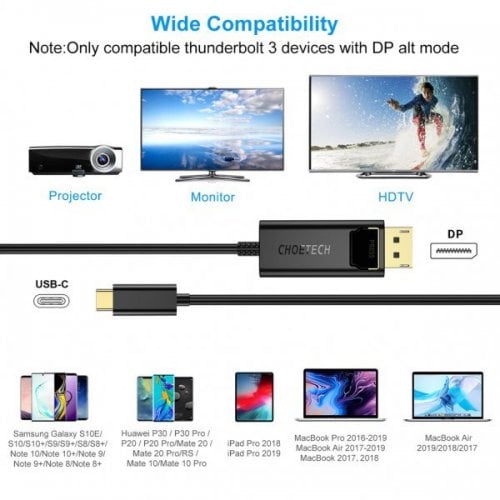 Купити Уцінка кабель Choetech USB Type-C to DisplayPort M/M 4K 1.8m (XCP-1801BK) Black (вскрита упаковка, 634102) - ціна в Києві, Львові, Вінниці, Хмельницькому, Франківську, Україні | інтернет-магазин TELEMART.UA фото