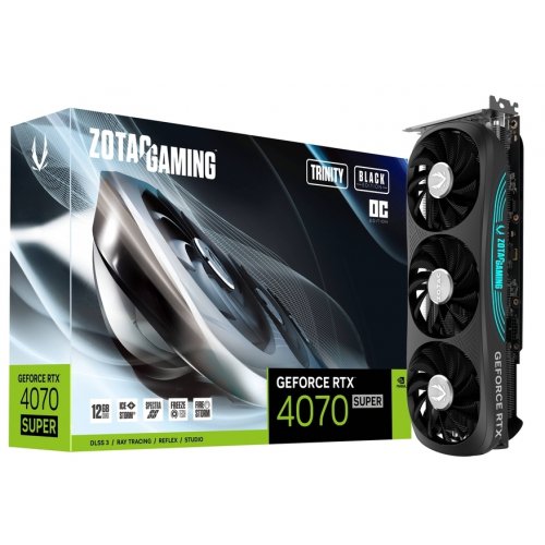 Відеокарта Zotac GeForce RTX 4070 SUPER Gaming Trinity Black OC 12288MB (ZT-D40720J-10P) купити з перевіркою сумісності: огляд, характеристики, ціна у Києві, Львові, Вінниці, Хмельницькому, Івано-Франківську, Україні | інтернет-магазин TELEMART.UA фото