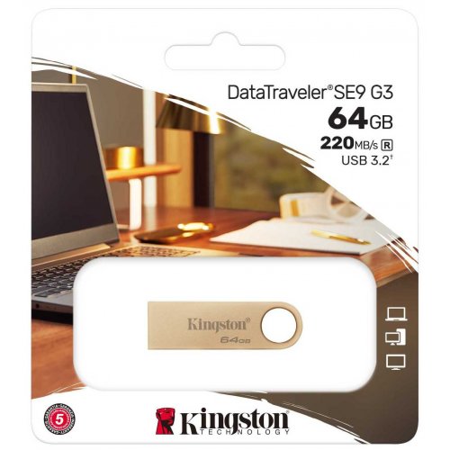 Купити Накопичувач Kingston DataTraveller SE9 G3 64GB USB 3.2 (DTSE9G3/64GB) Gold - ціна в Києві, Львові, Вінниці, Хмельницькому, Франківську, Україні | інтернет-магазин TELEMART.UA фото