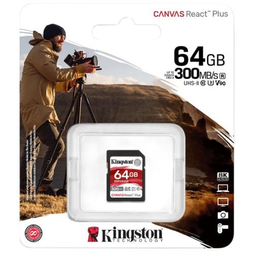 Купити Карта пам'яті Kingston SDXC Canvas React Plus 64GB Class 10 UHS-II U3 V90 (SDR2/64GB) - ціна в Києві, Львові, Вінниці, Хмельницькому, Франківську, Україні | інтернет-магазин TELEMART.UA фото