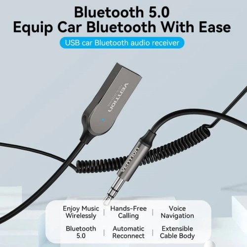 Купити Bluetooth аудіо адаптер Vention USB Car Bluetooth 5.0 Audio Receiver With Coiled Cable 1.5m (NAGHG) Grey - ціна в Києві, Львові, Вінниці, Хмельницькому, Франківську, Україні | інтернет-магазин TELEMART.UA фото