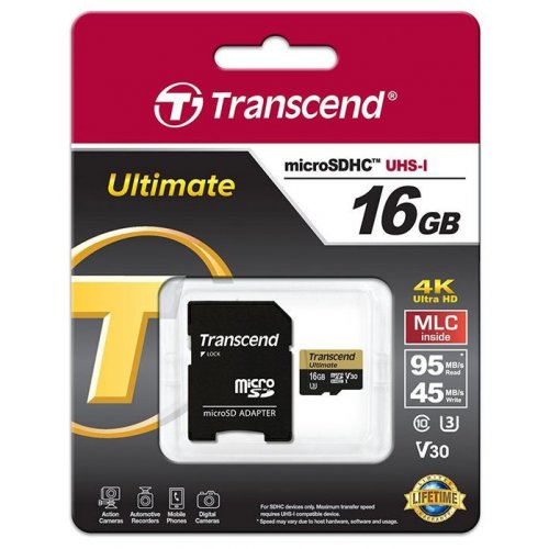 Карта пам'яті Transcend microSDHC MLC 16GB UHS-I U3 R95/W45MB/s (без адаптера) (TS16GUSDU3M) купити в Україні | Telemart фото
