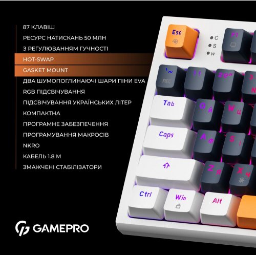 Photo Keyboard GamePro MK180 Outemu Red Hot-Swap RGB White