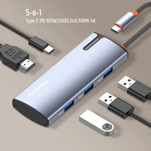 Купить USB-хаб ColorWay USB Type-C 5 in 1 (CW-HUB01) Dark Grey - цена в Харькове, Киеве, Днепре, Одессе
в интернет-магазине Telemart фото